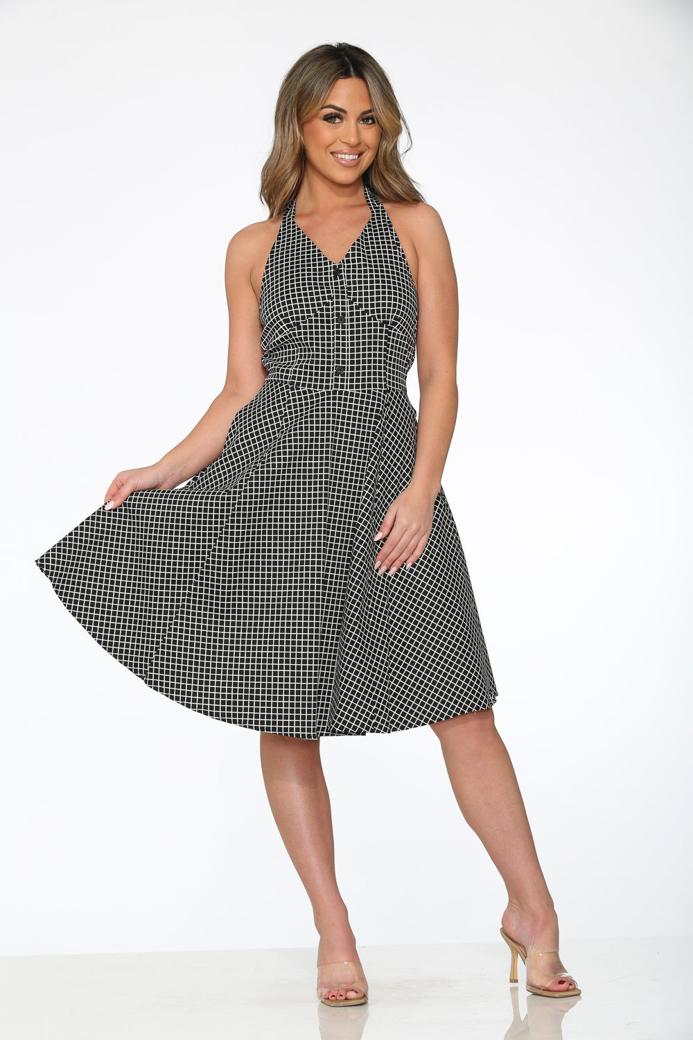 21960 Black White Check Line Halter Dress