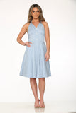 21962 Blue White Check Line Halter Dress