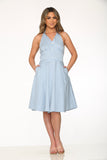 21962 Blue White Check Line Halter Dress