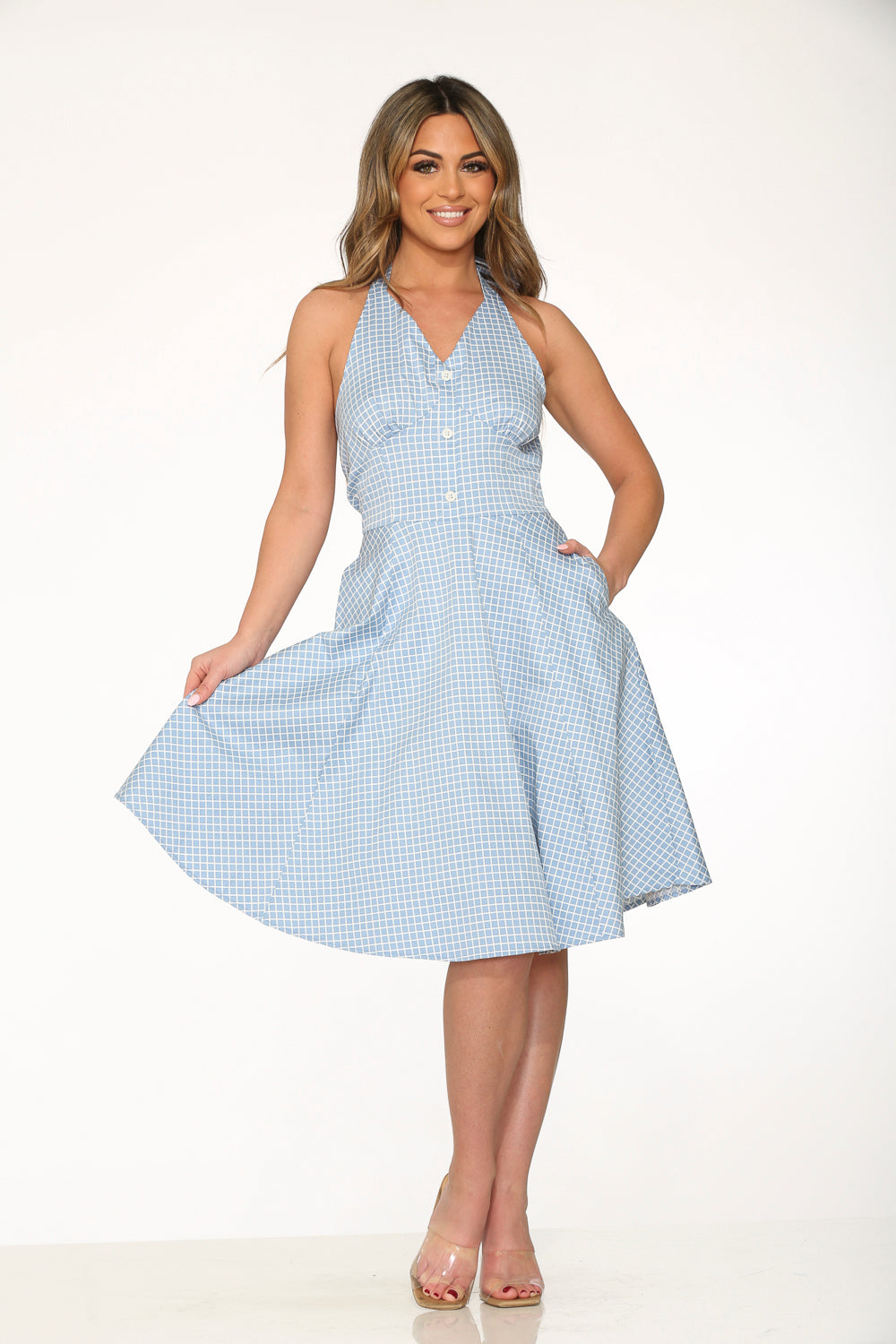 21962 Blue White Check Line Halter Dress