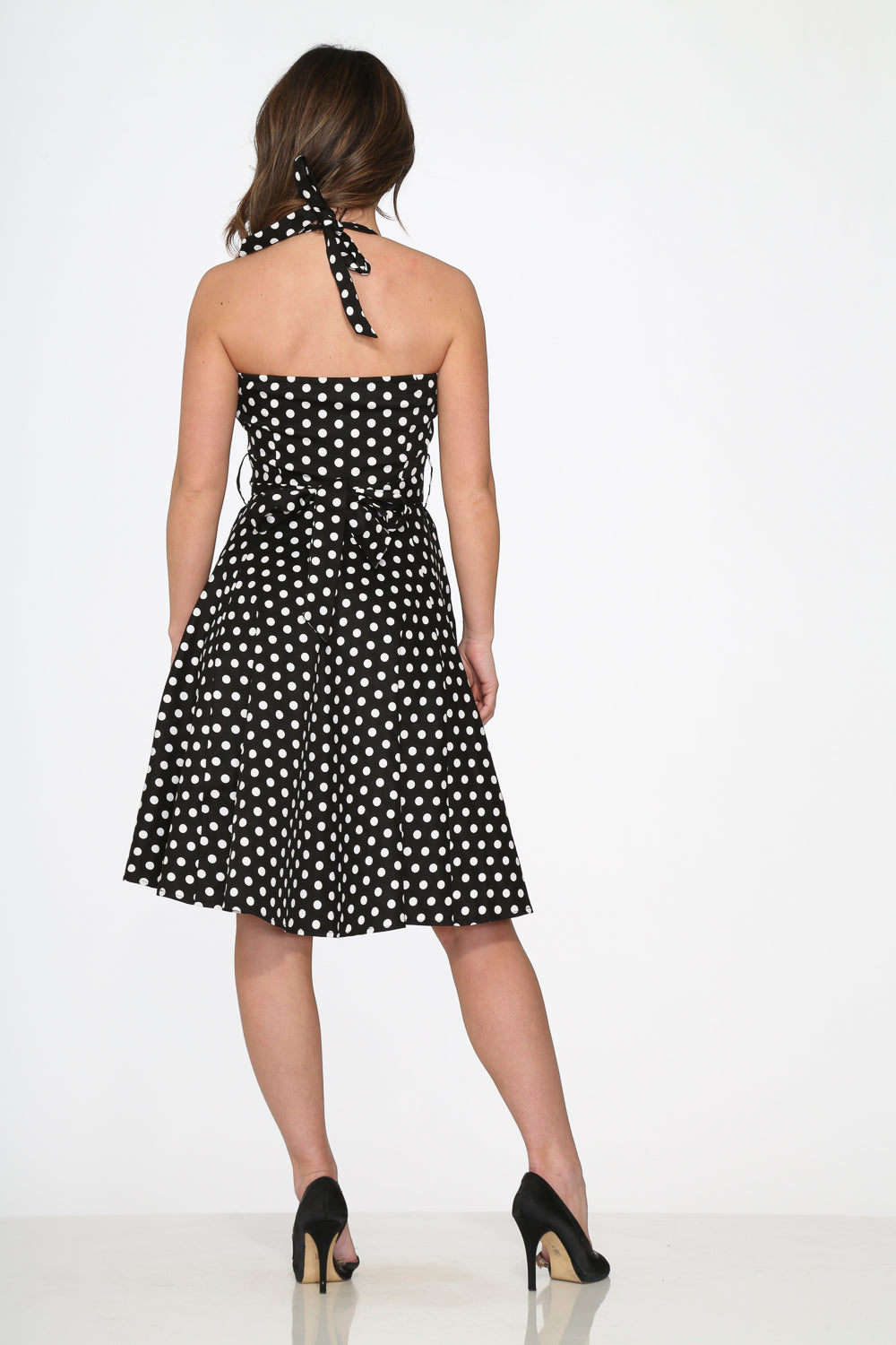 23230 Black White Polka Dot Halter Dress