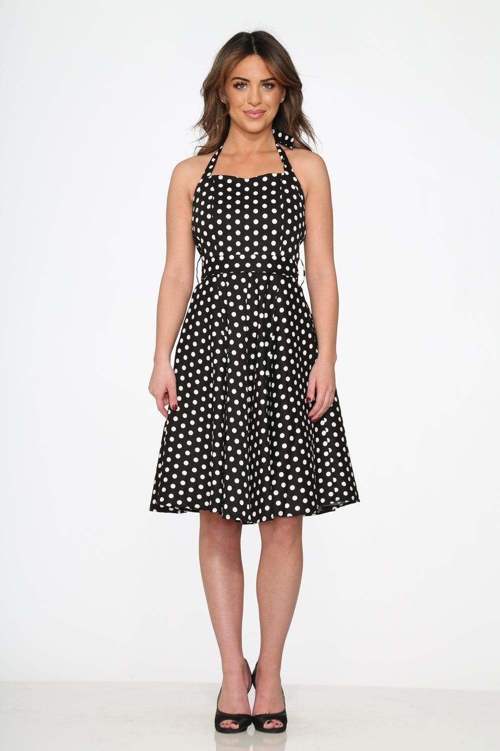 23230 Black White Polka Dot Halter Dress