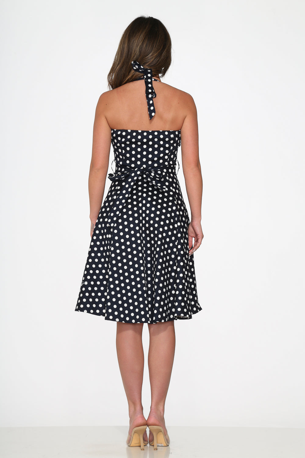 23233 Navy Blue White Polka Dot Halter Dress