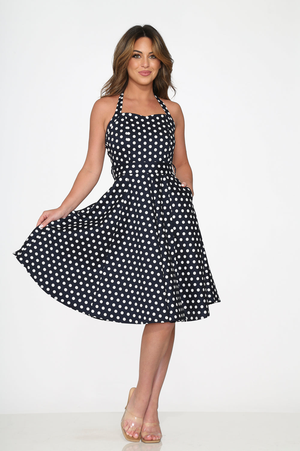 23233 Navy Blue White Polka Dot Halter Dress