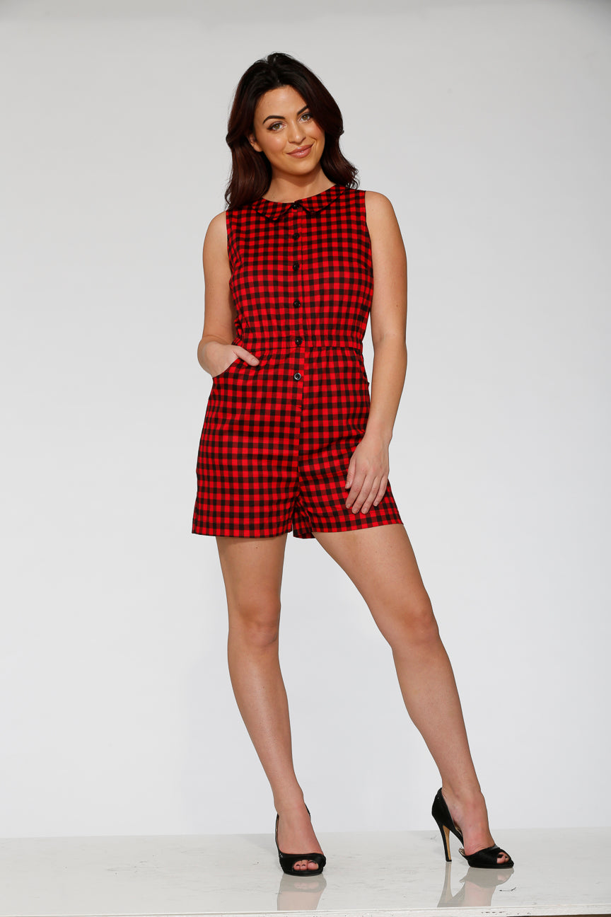 40220 Black Red Gingham Romper