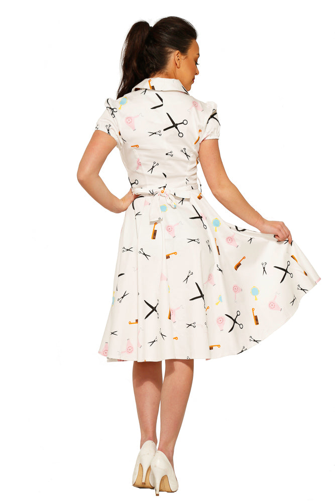 4160 White Peggy Dress in Beauty Salon Print