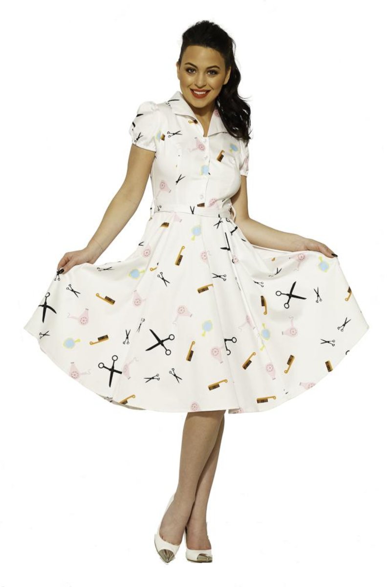 4160 White Peggy Dress in Beauty Salon Print