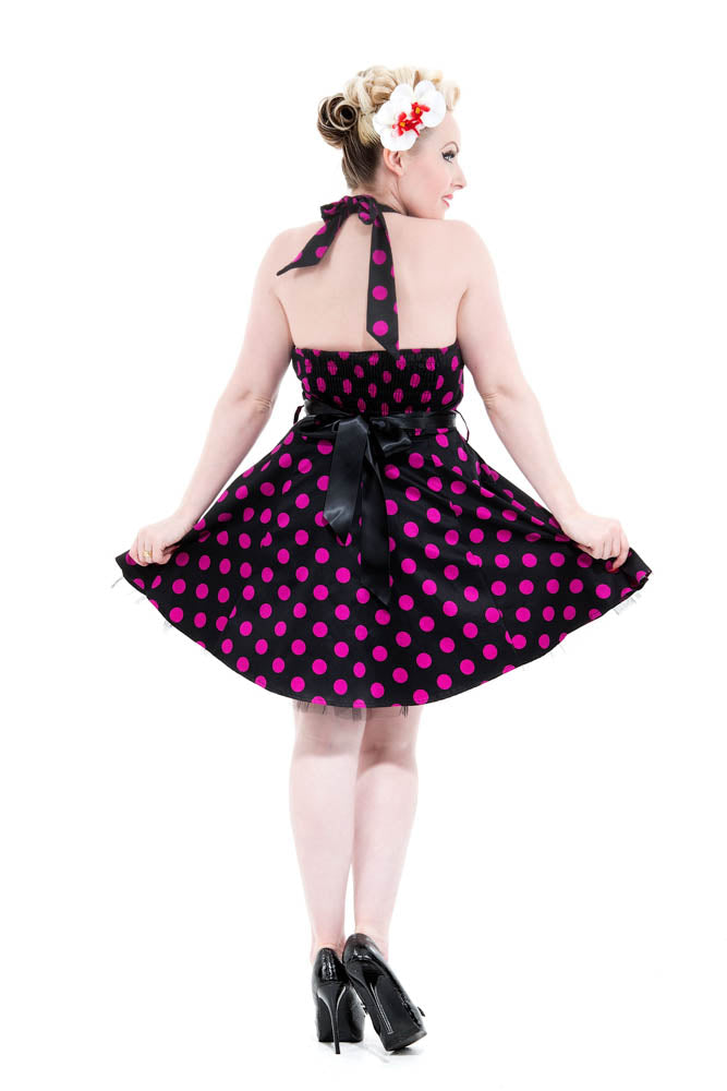 6375 Minnie Halter Mini Dress in Purple Dots