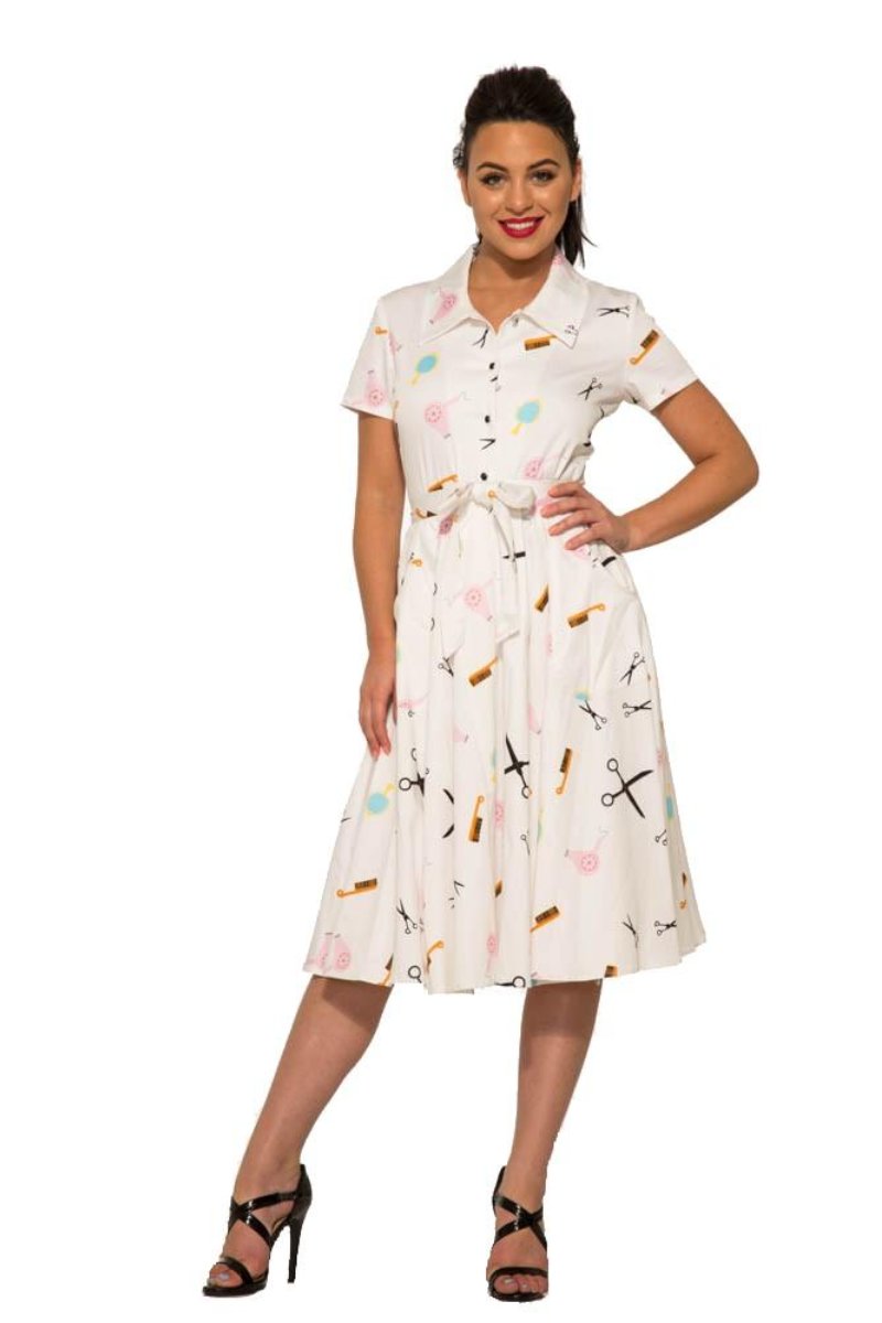 4153 Peggy Top and Holly Skirt in White Beauty Salon Print Two Piece Set